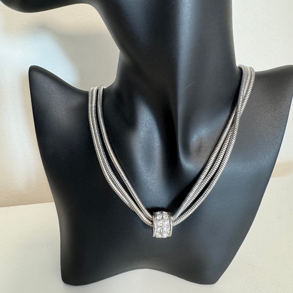 Triple Strand Snakechain Necklace with Floating Rhinestone Pendant - Picture 2 of 5